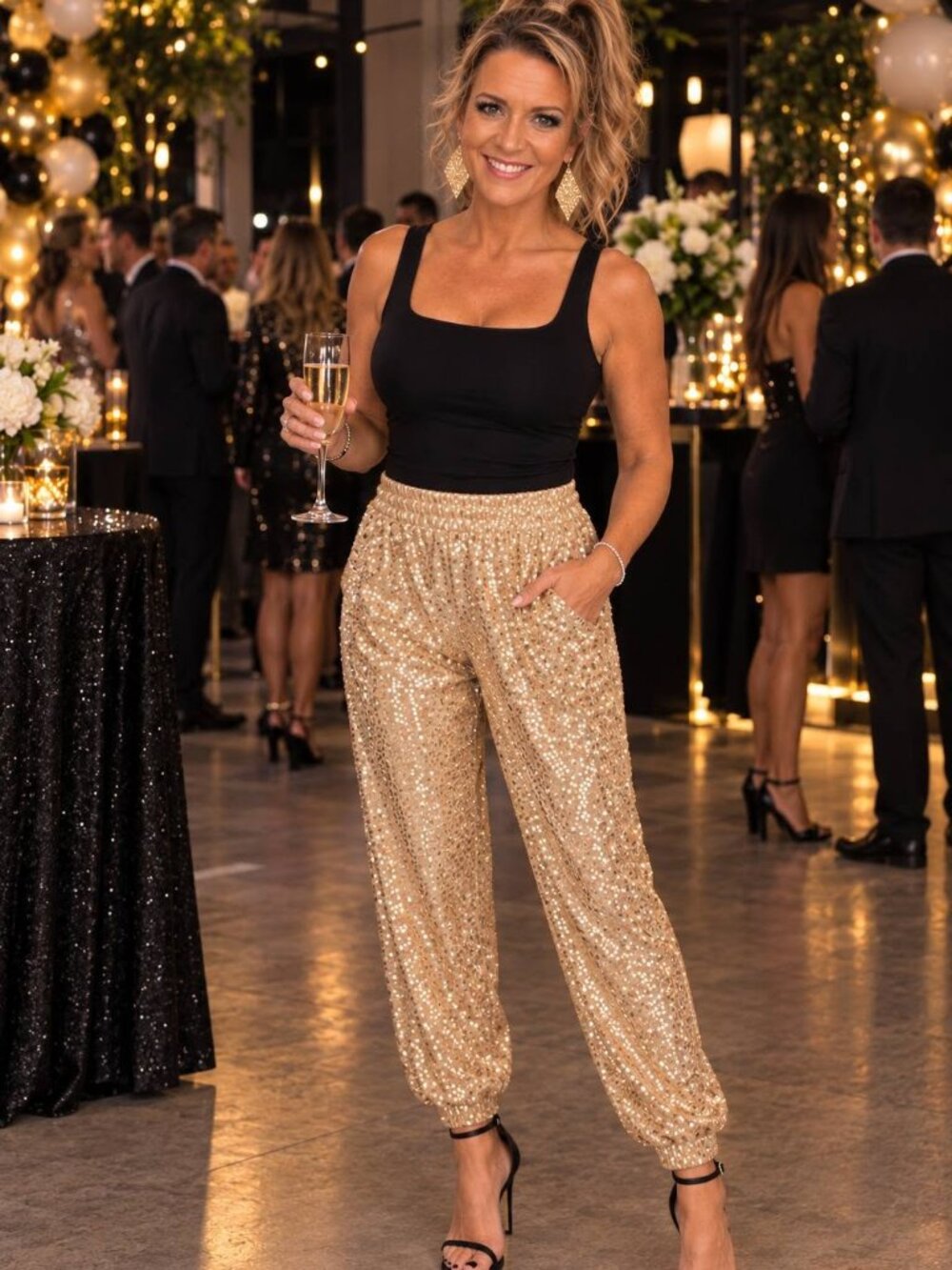 Aldi Gold Sequin Elastic-Waist Jogger Pants New Large